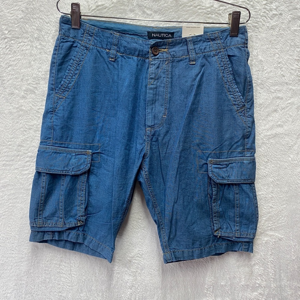 Nautica Clipper Cargo Shorts Men 30 Blue Stretch Mid Rise Outdoor Pocket Utility